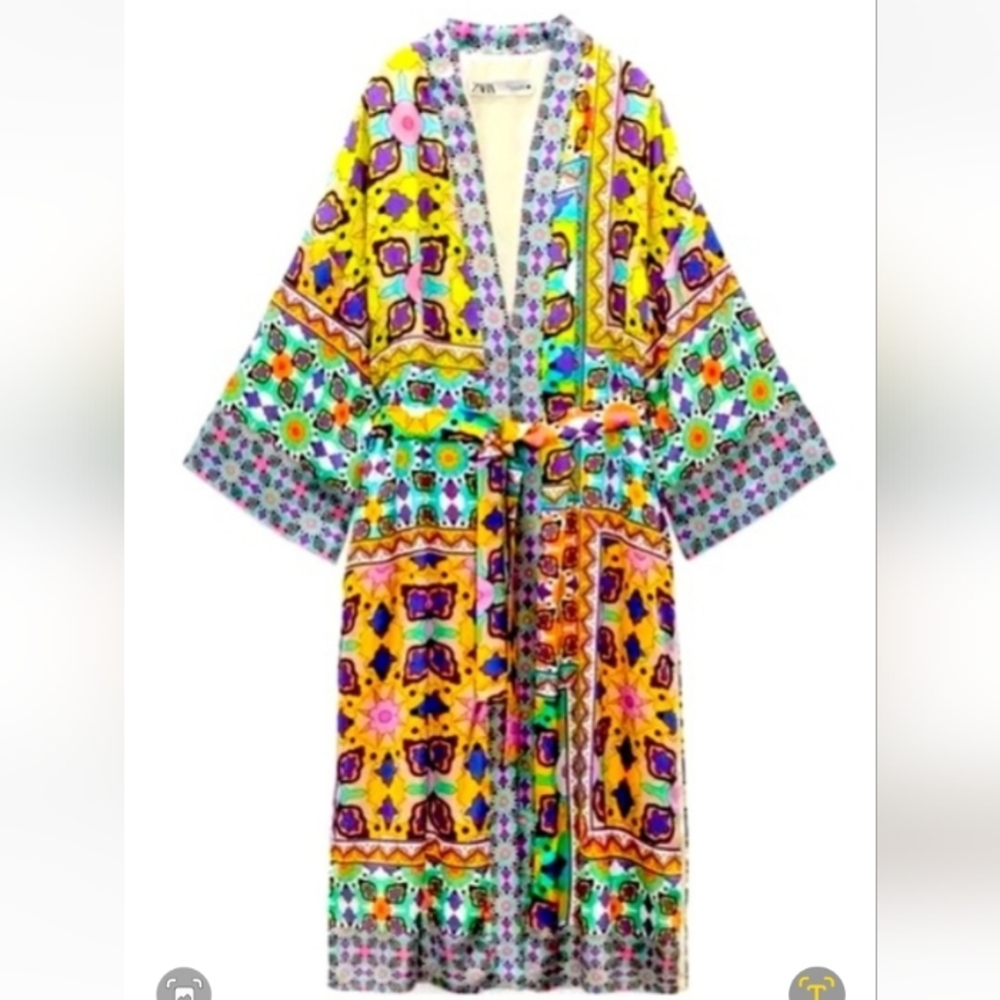 Zara Multicolor Floral Kimono-Style Belted Coat